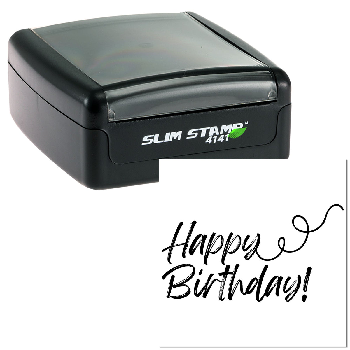 Black Slim Stamp self-inking seal with clear lid and Happy Birthday! script on white background.
