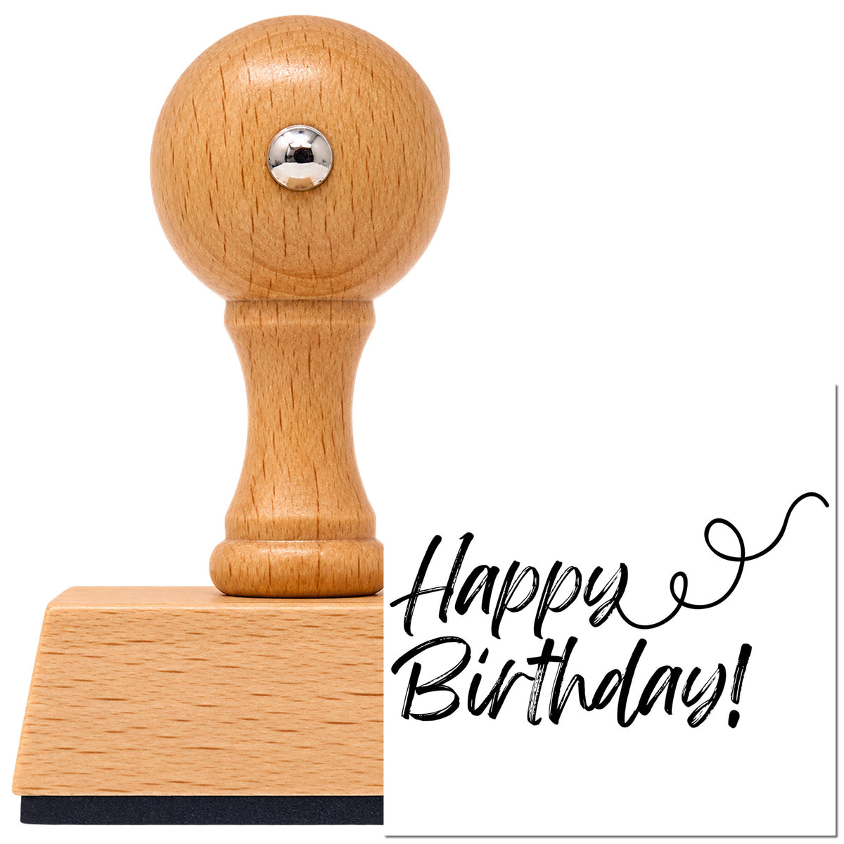Vintage Pro beech wood stamp with a round knob handle, shown with its black Happy Birthday Curl Flourish imprint on white.