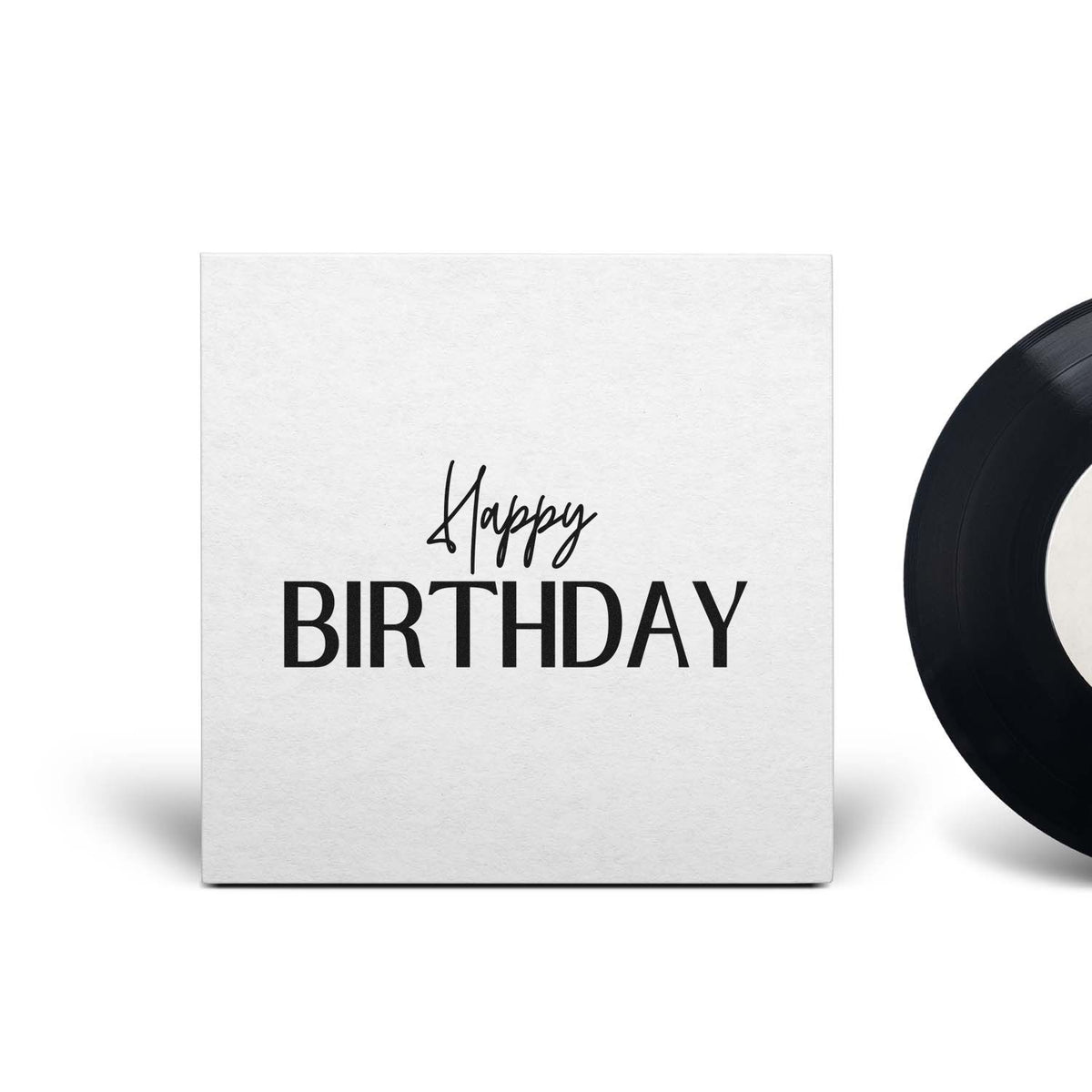White birthday stamp seal with black Happy BIRTHDAY lettering and a black circular stamp disc