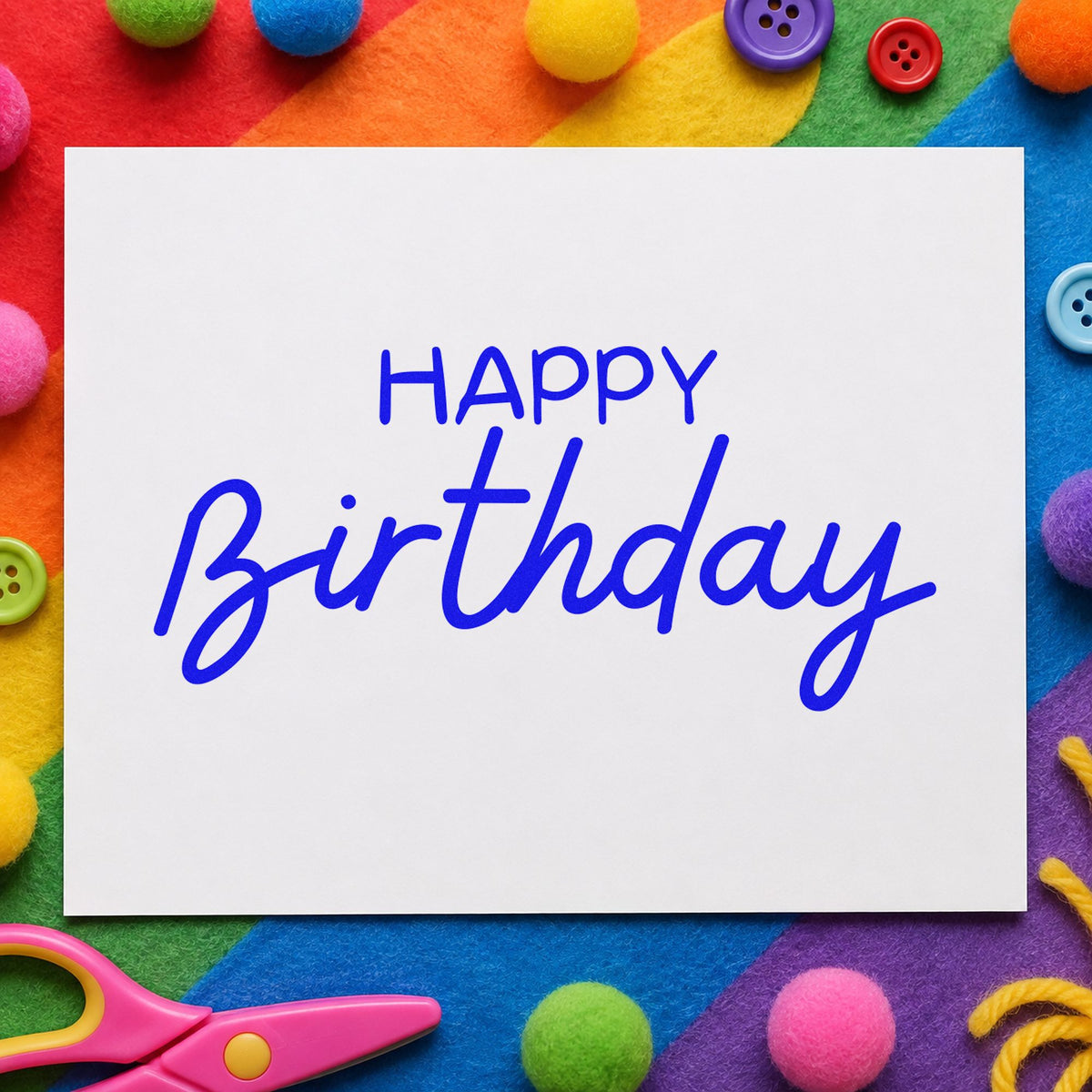 Happy Birthday Casual Script craft stamp in blue ink on cardstock, an easy option for barista apron printing.