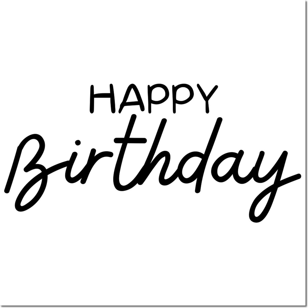 Black Happy Birthday stamp design in playful script on a white background for seal and stamp products.
