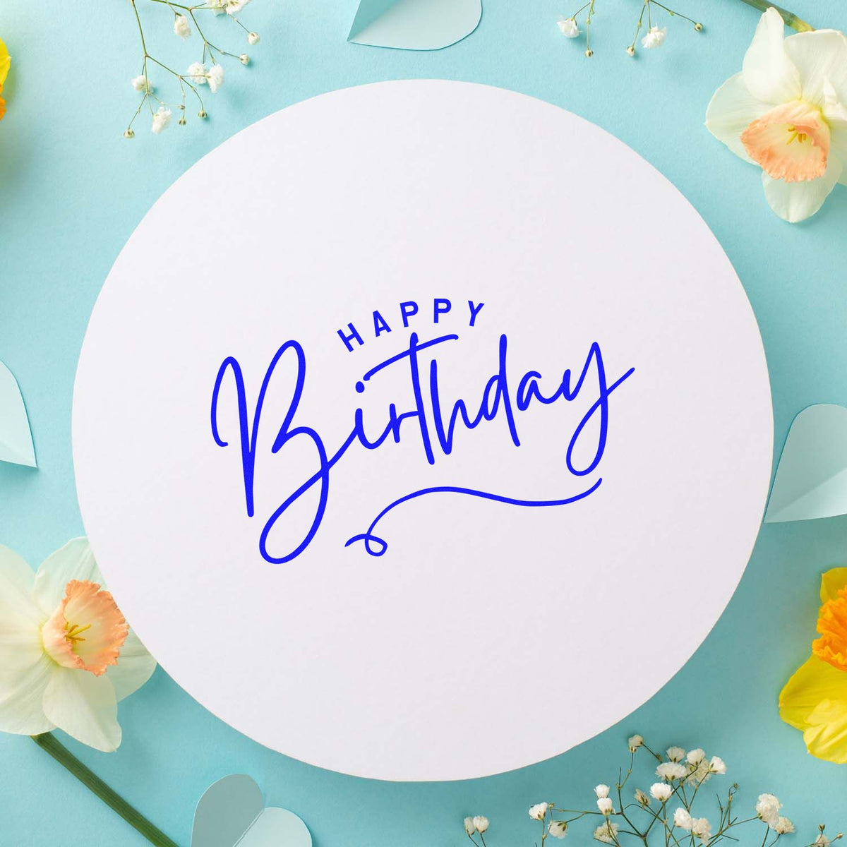 Blue Happy Birthday stamp on a white round seal, surrounded by pastel flowers on an aqua background.