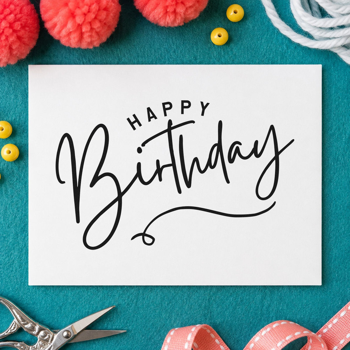 Happy Birthday Loop Underline craft stamp imprint in black ink on a handmade project, one idea being topper gift tags.