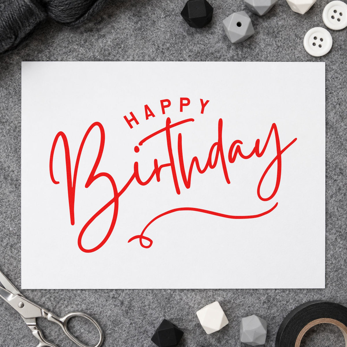 Happy Birthday Loop Underline rubber stamp shown in red ink, stamped for projects such as drawer acrylic labels.