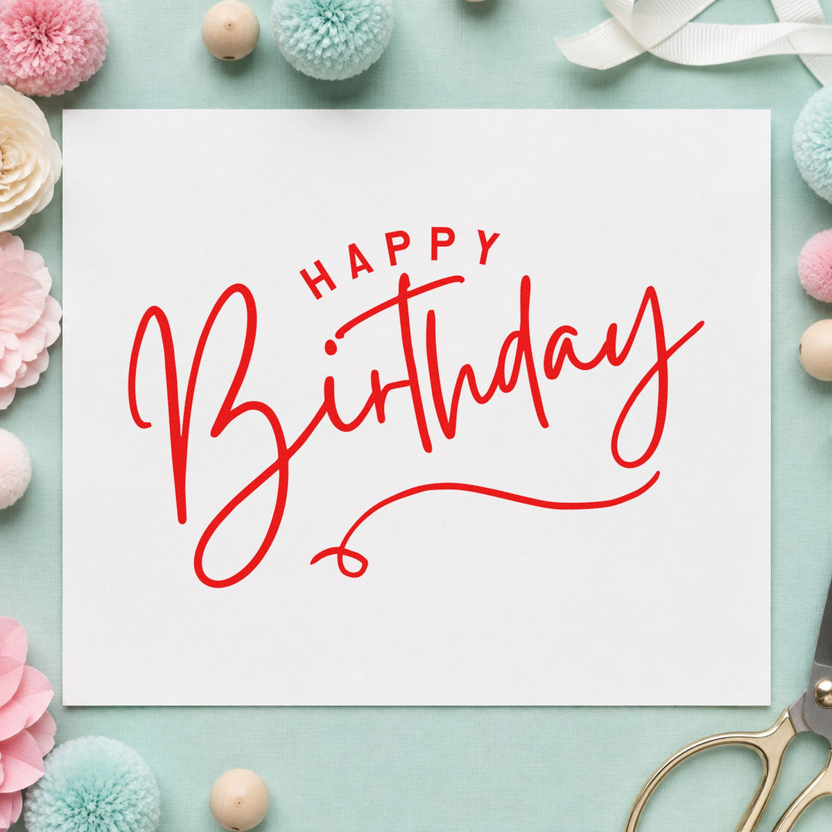 Happy Birthday Loop Underline craft stamp imprint in red ink on a handmade project, one idea being care note cards.