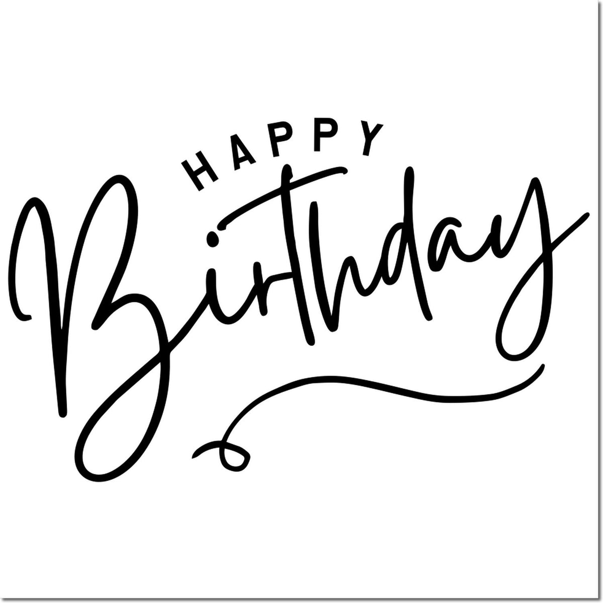 Black Happy Birthday stamp and seal design with flowing handwritten script on a white background.