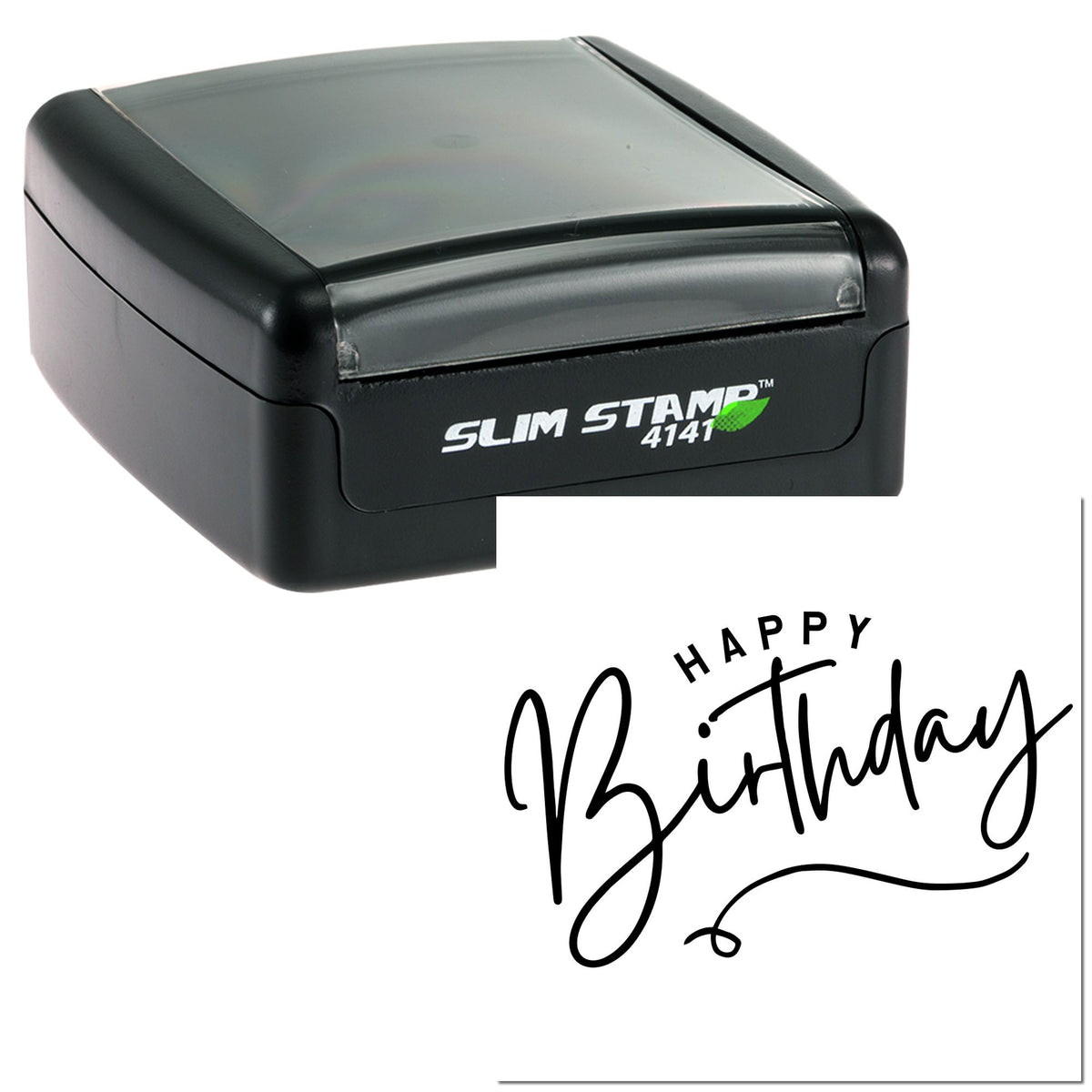 Black Slim Stamp 4141 self-inking stamp with white birthday seal and black script text.
