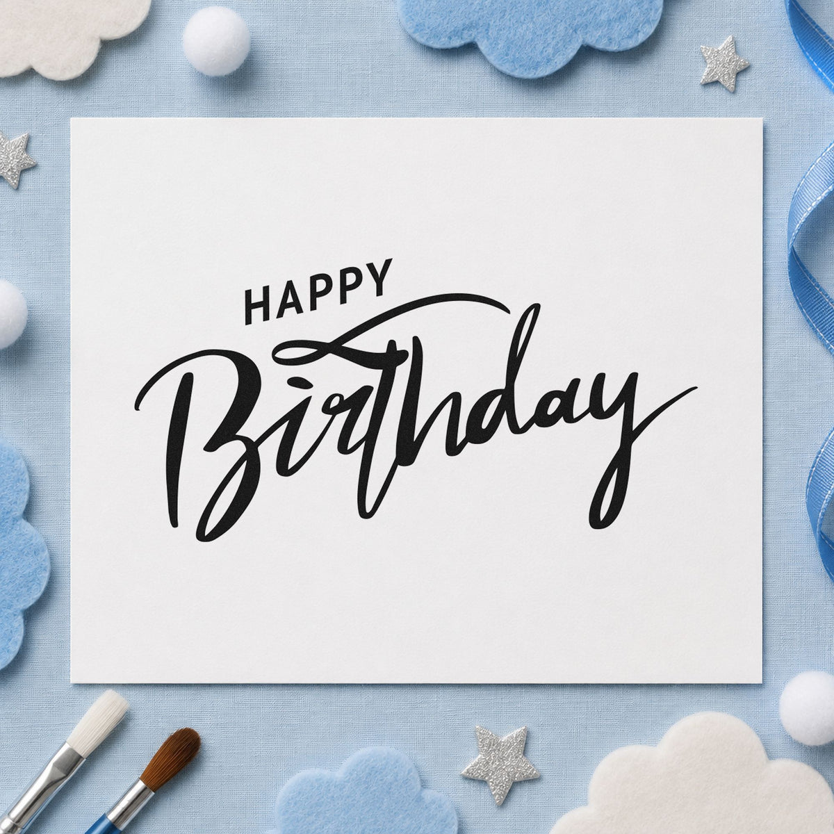 Happy Birthday Brush Flourish craft stamp imprint in black ink on a handmade project, one idea being balloon kit gift tags.