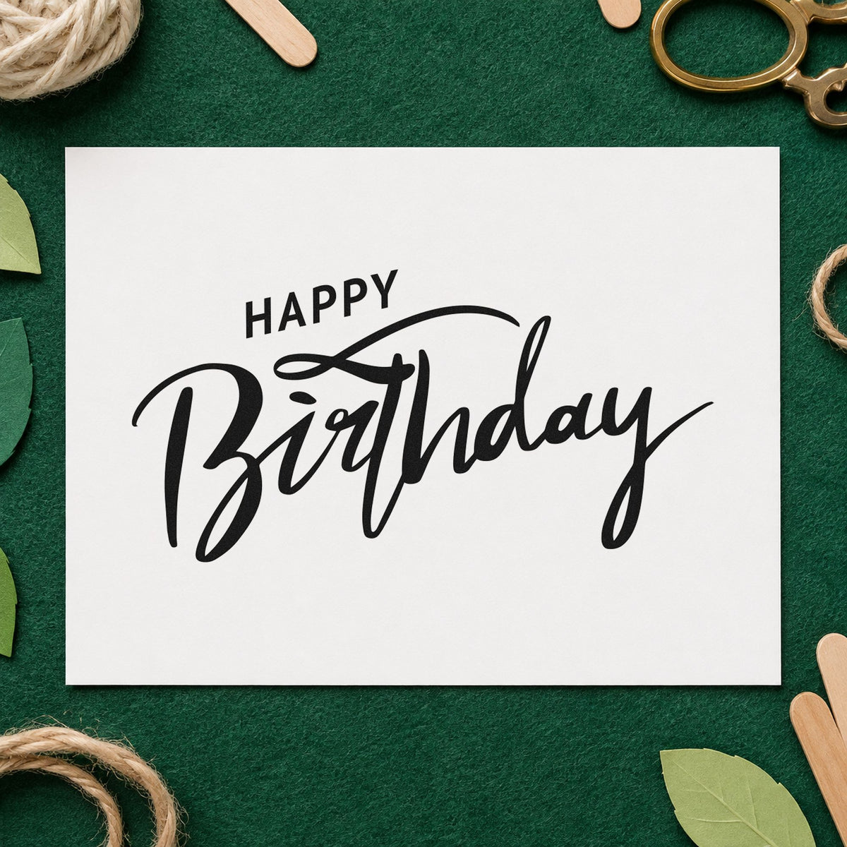 Happy Birthday Brush Flourish rubber stamp printed in black ink, ready for install plan sheet and similar paper crafts.