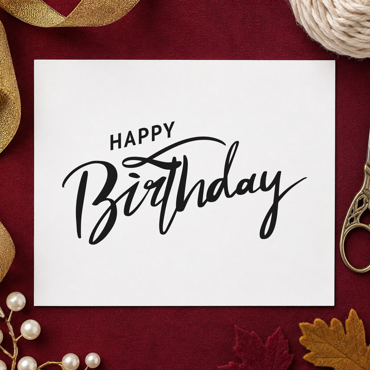 Happy Birthday Brush Flourish rubber stamp printed in black ink, ready for top flourish cards and similar paper crafts.