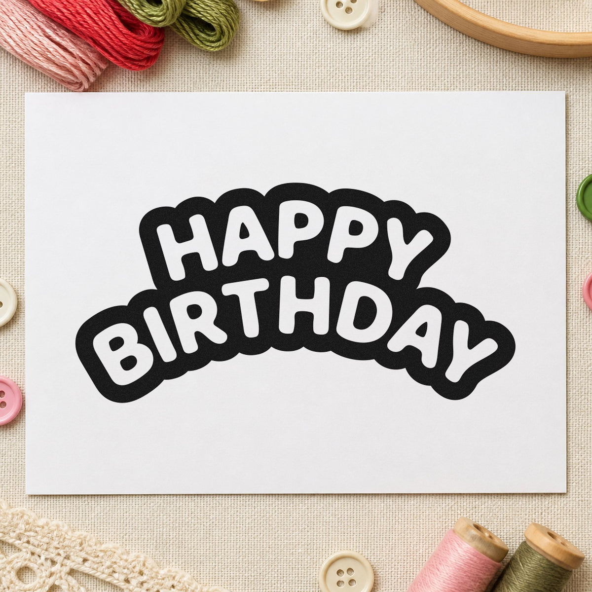 Happy Birthday Bubble Outline craft stamp in black ink on cardstock, an easy option for venue year album page.