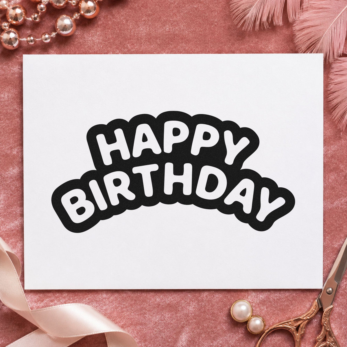 Happy Birthday Bubble Outline rubber stamp printed in black ink, ready for slot booking sheet and similar paper crafts.