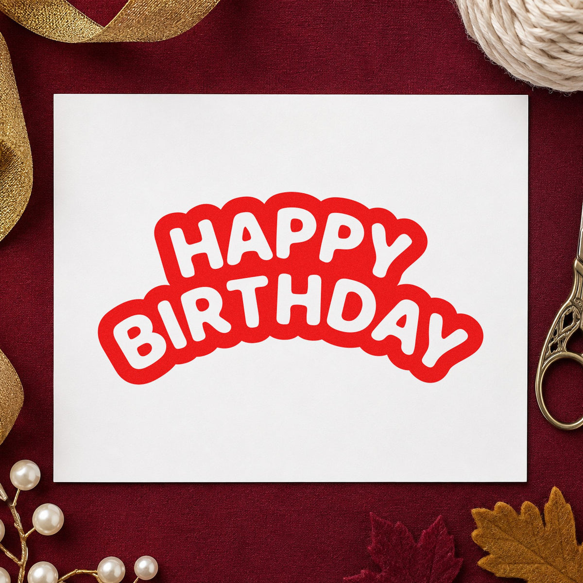 Happy Birthday Bubble Outline rubber stamp shown in red ink, stamped for projects such as bin inflatable labels.