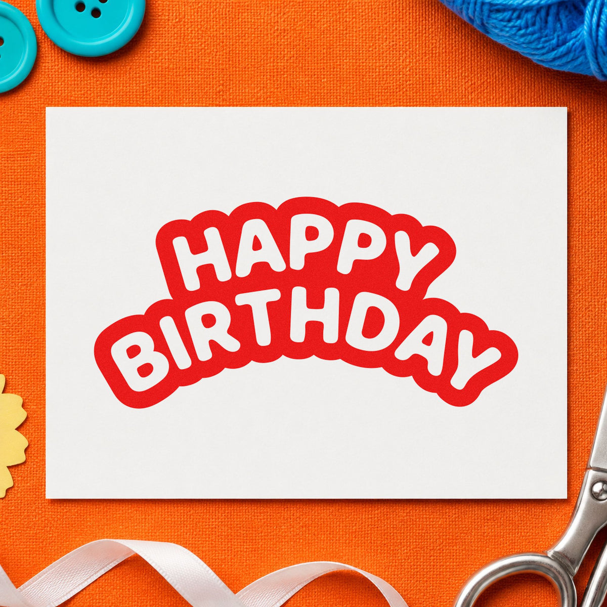 Happy Birthday Bubble Outline craft stamp imprint in red ink on a handmade project, one idea being safety rule cards.