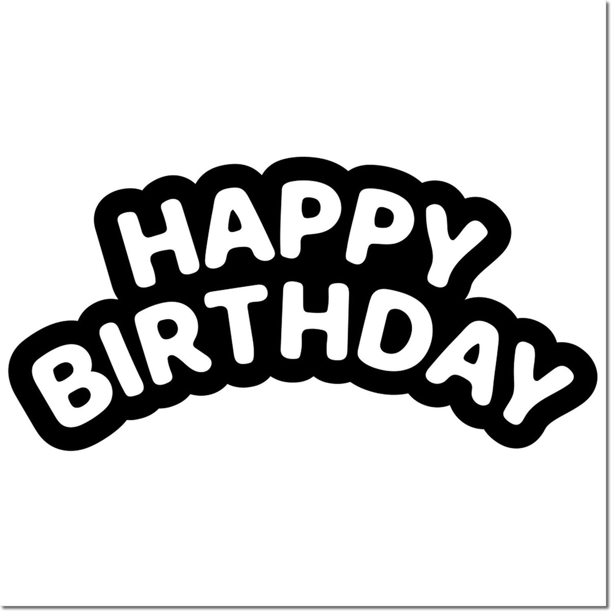 Black and white Happy Birthday stamp seal with bold bubble letters and thick black outline