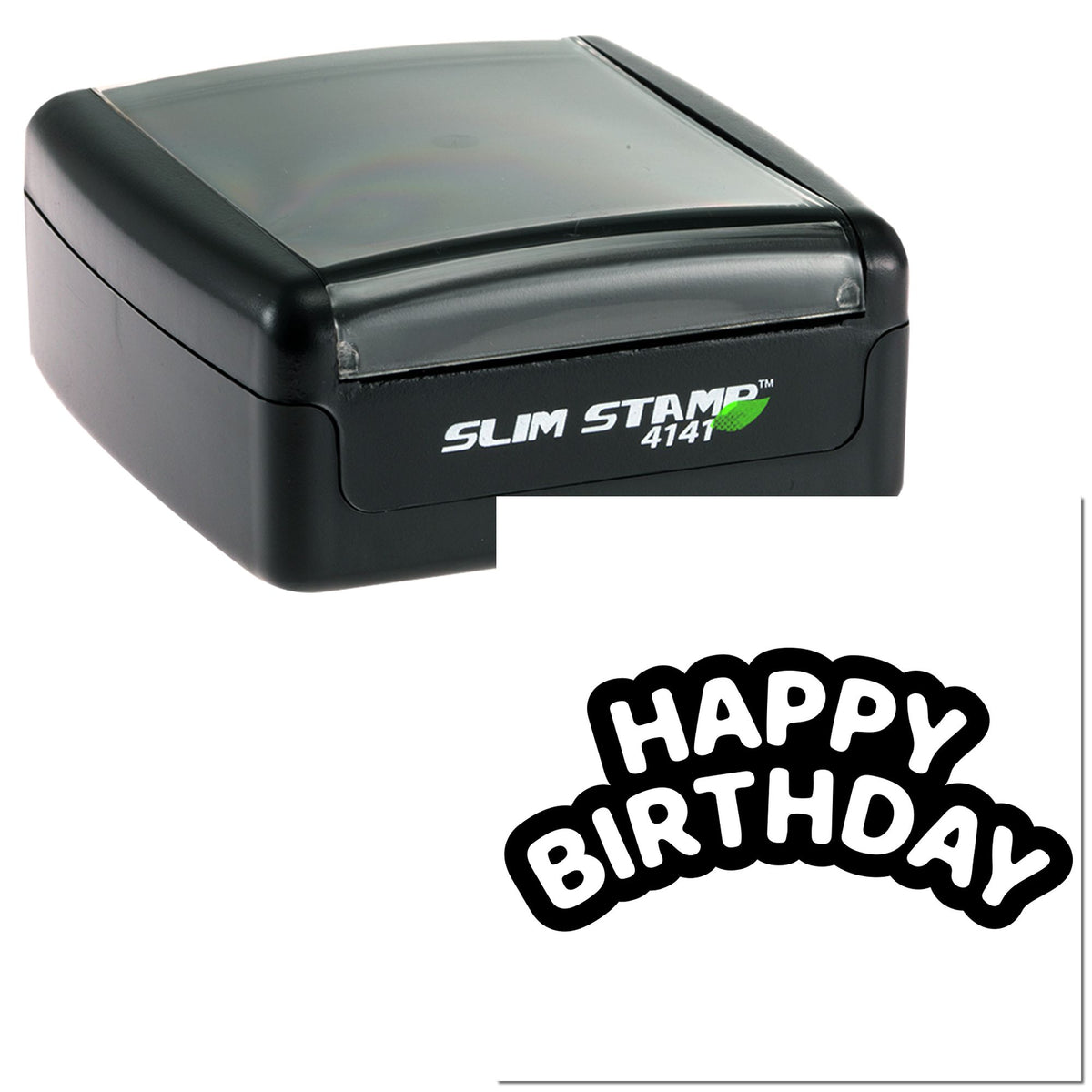 Black Slim Stamp 4141 self-inking stamp with gray lid and black-and-white Happy Birthday seal design.