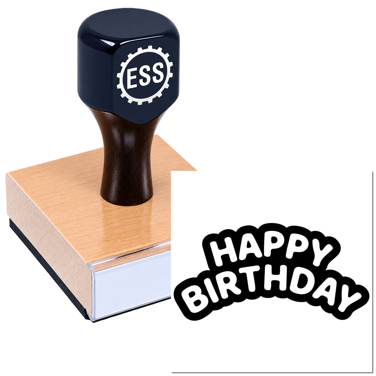 Black ESS rubber stamp and Happy Birthday seal on a wooden block, shown on a white background.