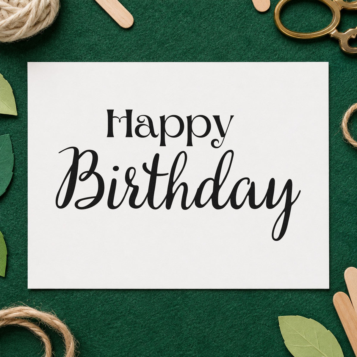 Happy Birthday Serif Script craft stamp in black ink on cardstock, an easy option for turndown album page.