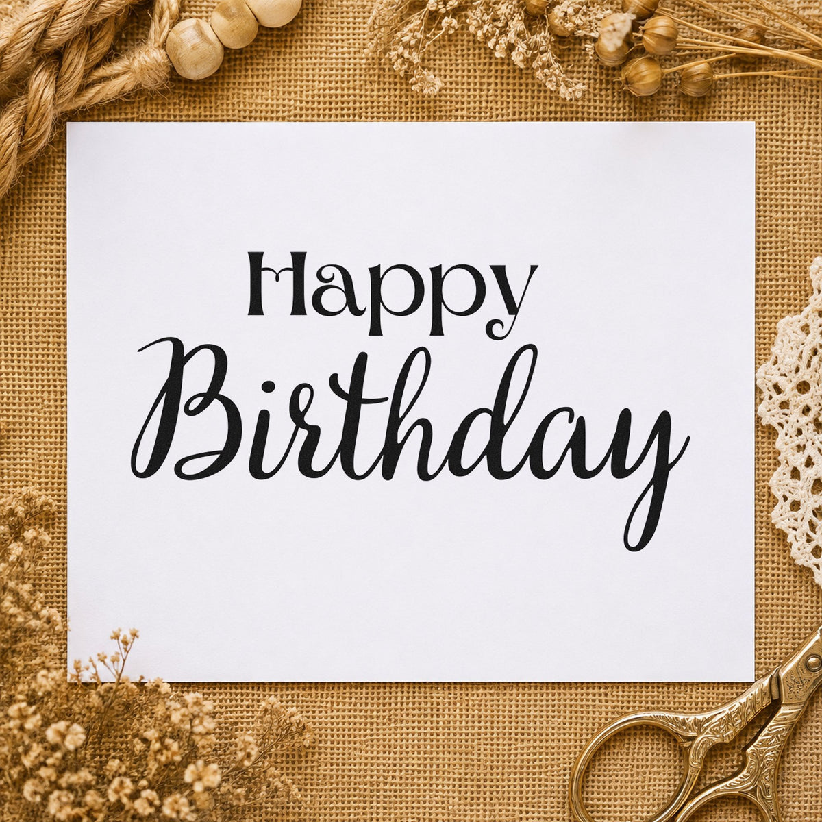 Happy Birthday Serif Script craft stamp imprint in black ink on a handmade project, one idea being treat plate gift tags.