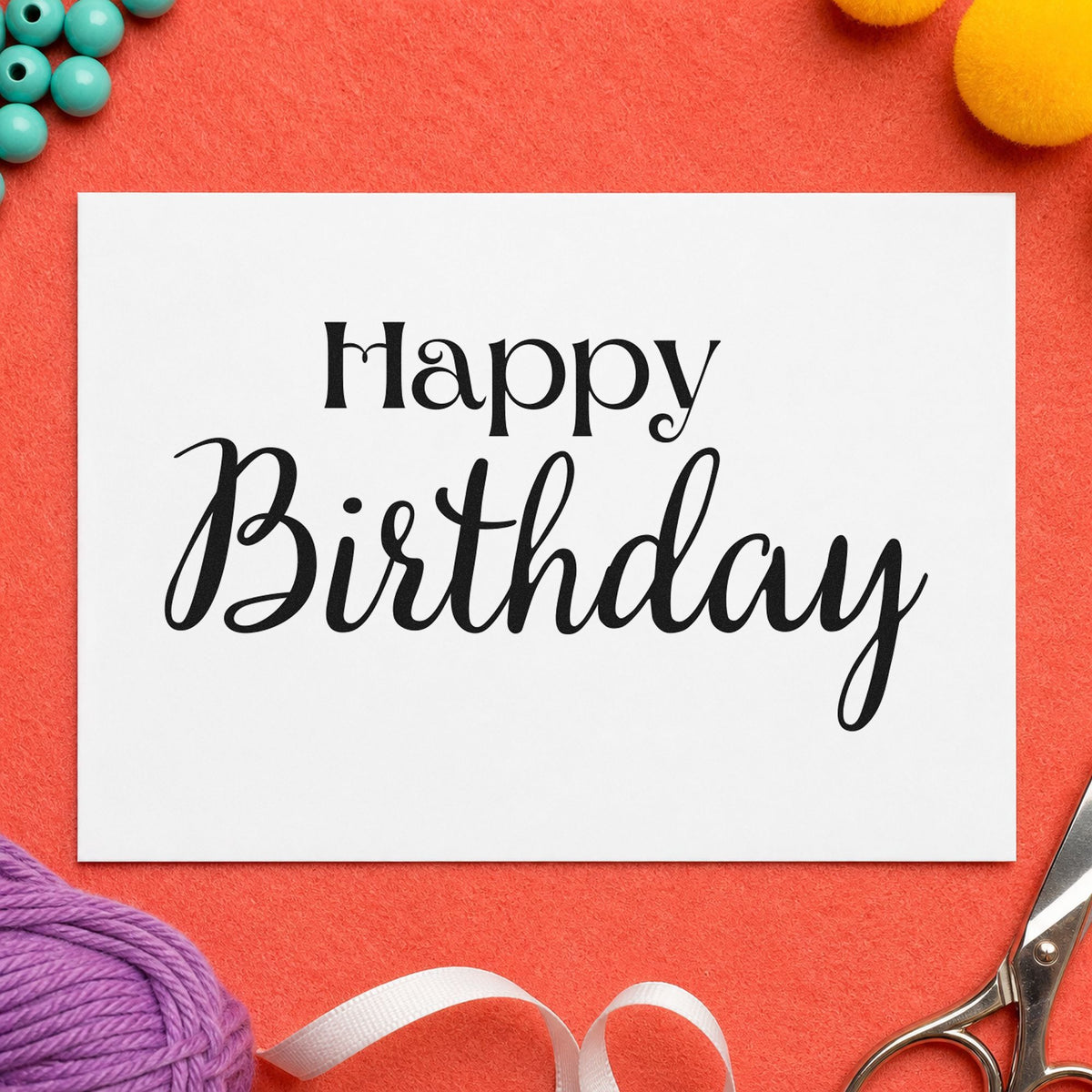 Happy Birthday Serif Script rubber stamp printed in black ink, ready for guest date sheet and similar paper crafts.