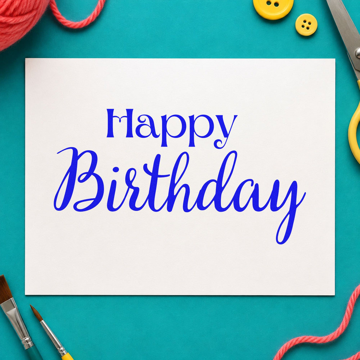 Happy Birthday Serif Script craft stamp in blue ink on cardstock, an easy option for bed runner printing.