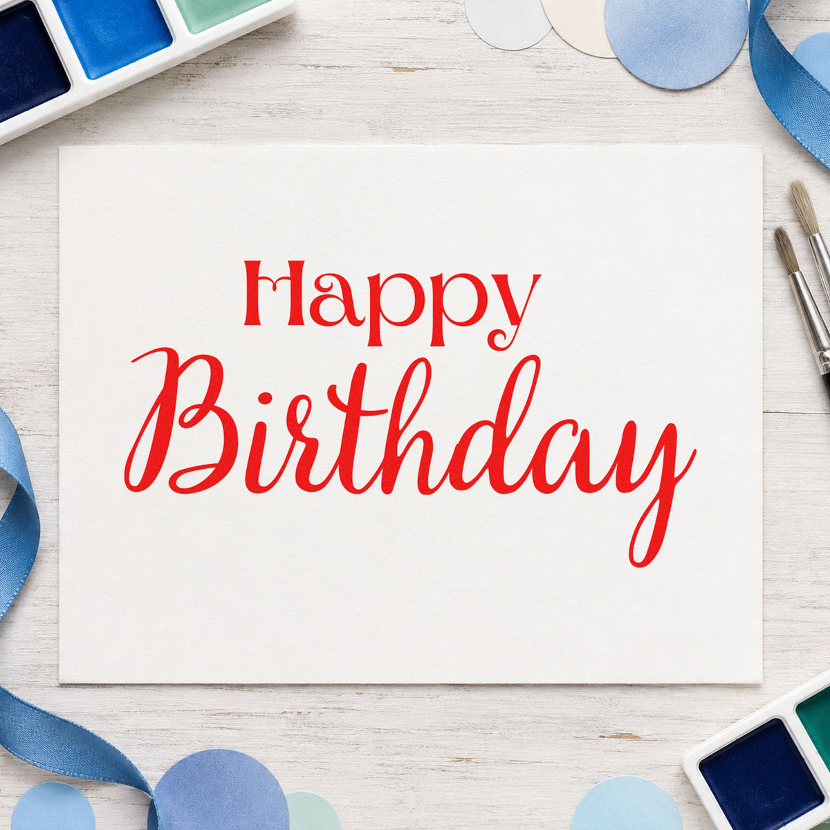 Happy Birthday Serif Script rubber stamp shown in red ink, stamped for projects such as cart supply labels.