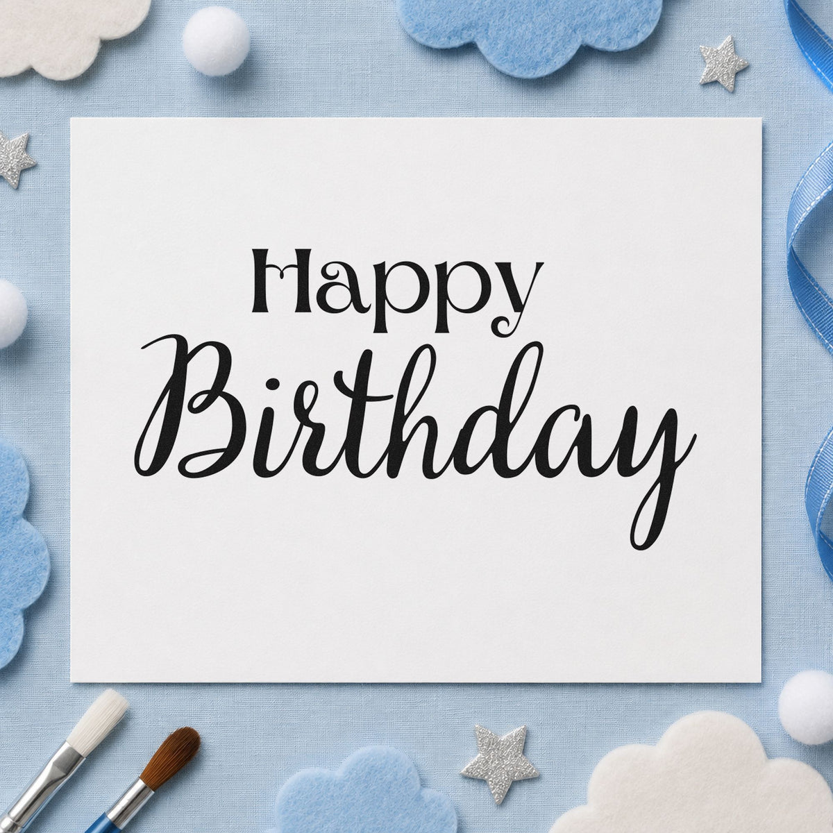 Happy Birthday Serif Script rubber stamp printed in black ink, ready for small serif cards and similar paper crafts.