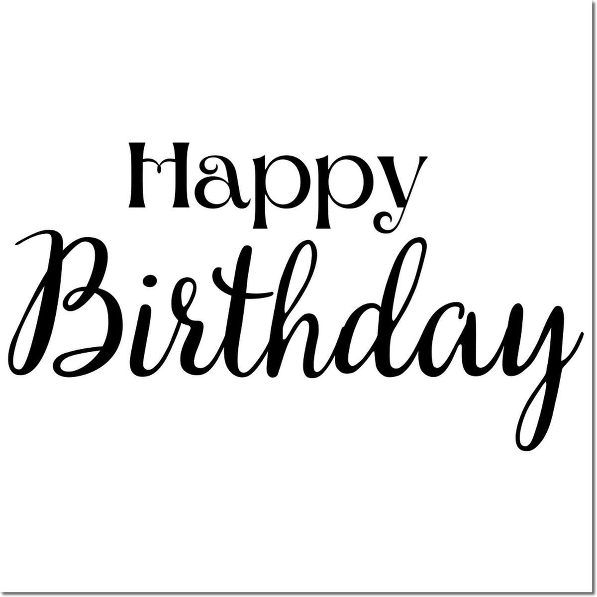 Black Happy Birthday stamp and seal design in elegant script on white background.