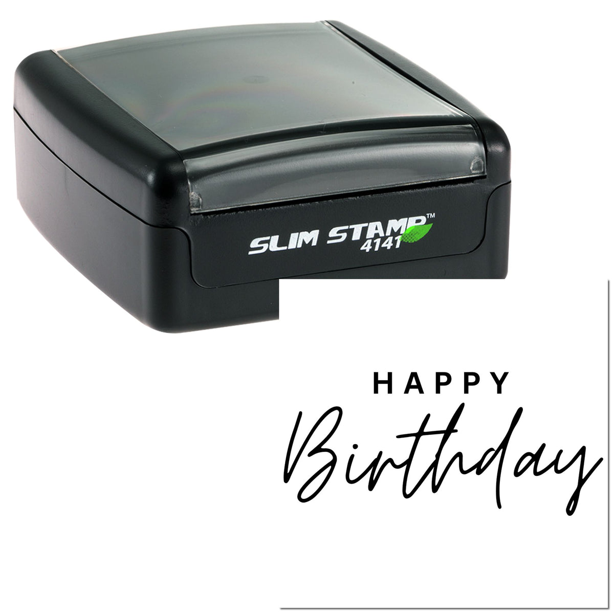 Black Slim Stamp 4141 self-inking seal with gray cap beside a white Happy Birthday stamped card.