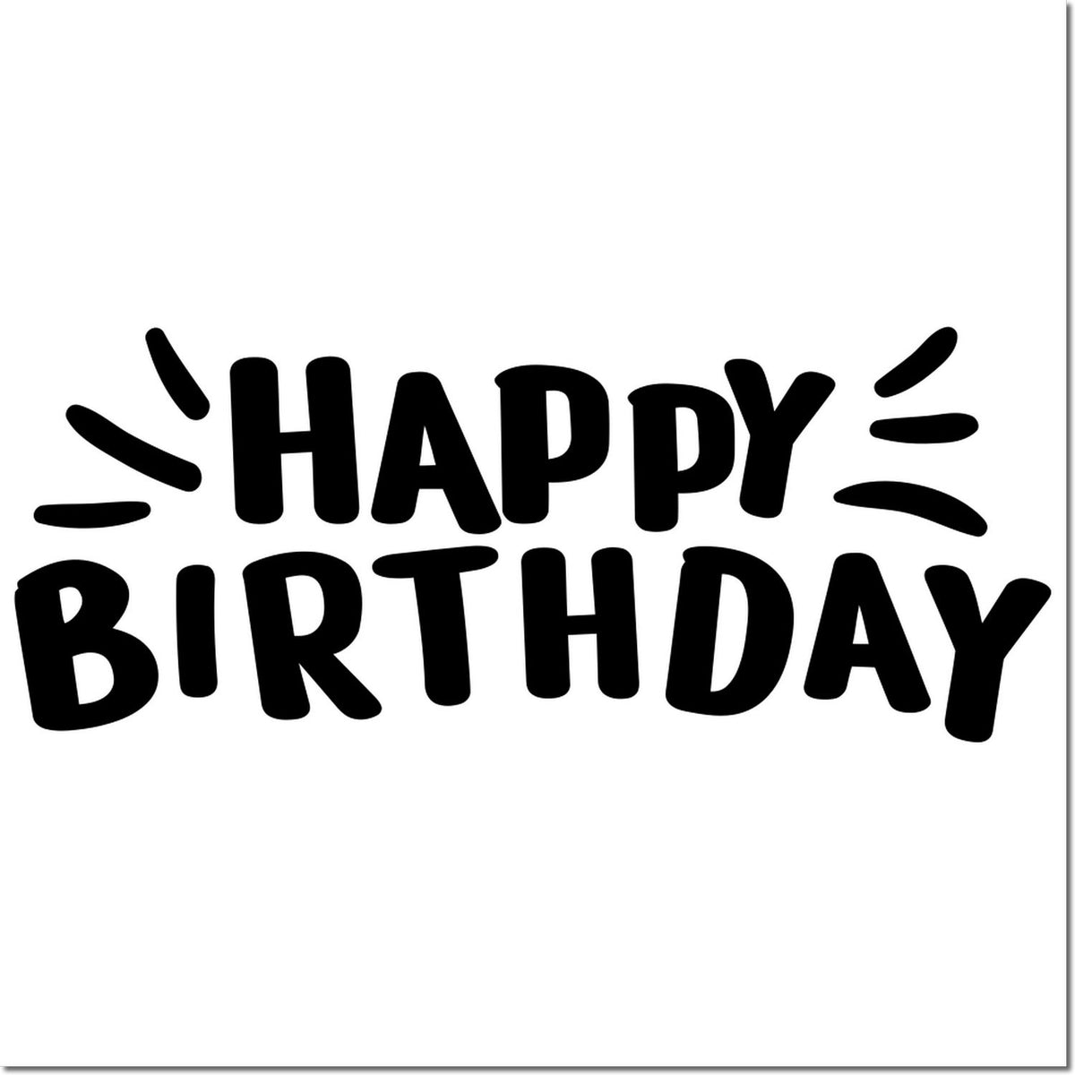 Black Happy Birthday stamp seal design with playful burst lines on white background.