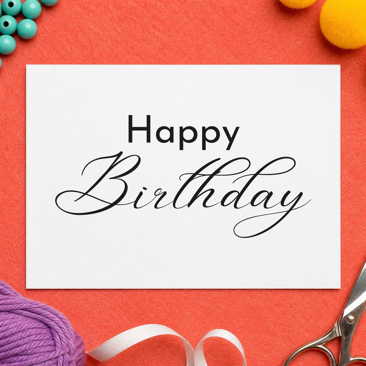 Happy Birthday Fine Calligraphy craft stamp in black ink on cardstock, an easy option for engrave year album page.