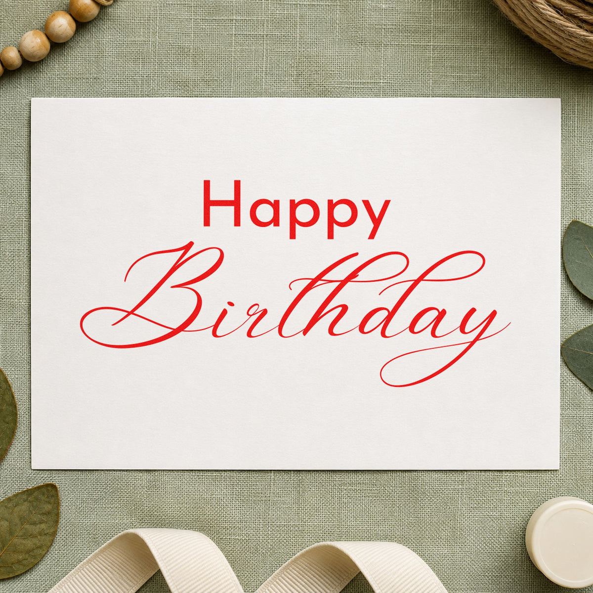 Happy Birthday Fine Calligraphy craft stamp imprint in red ink on a handmade project, one idea being text proof cards.