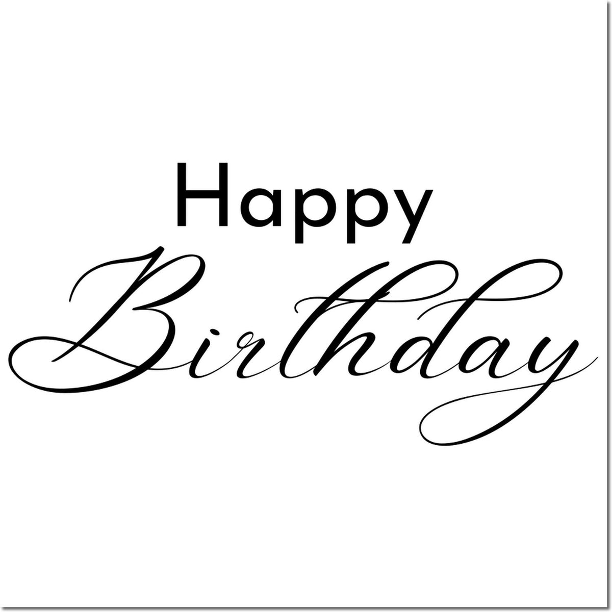 Black Happy Birthday stamp and seal design with elegant script on a white background.
