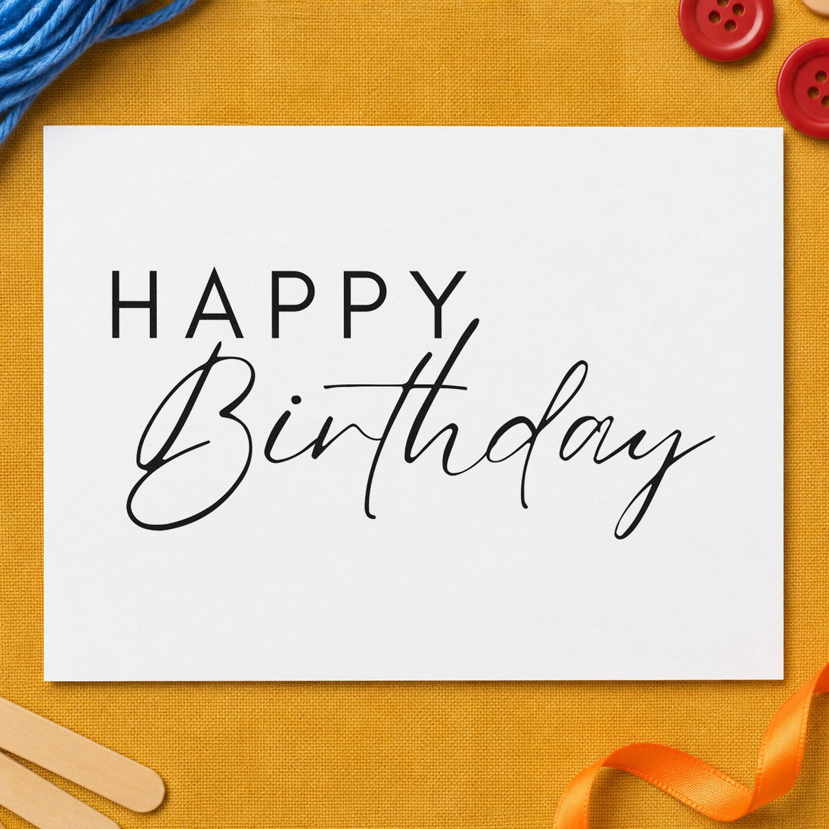Happy Birthday Thin Lettering craft stamp imprint in black ink on a handmade project, one idea being friend gift tags.