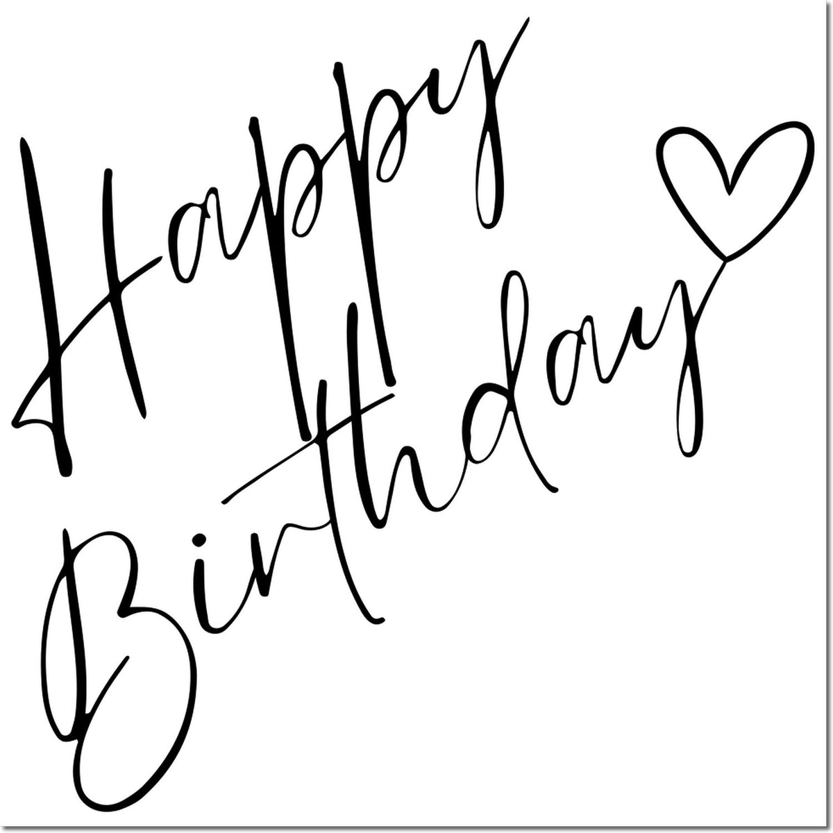 Black Happy Birthday script stamp and seal design with heart on a white background.