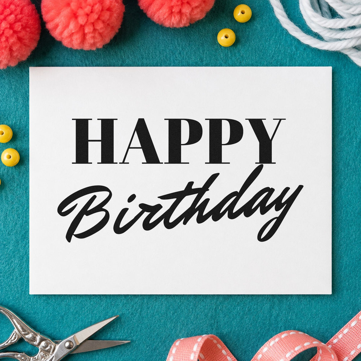 Happy Birthday Serif Brush craft stamp imprint in black ink on a handmade project, one idea being shoe bag gift tags.