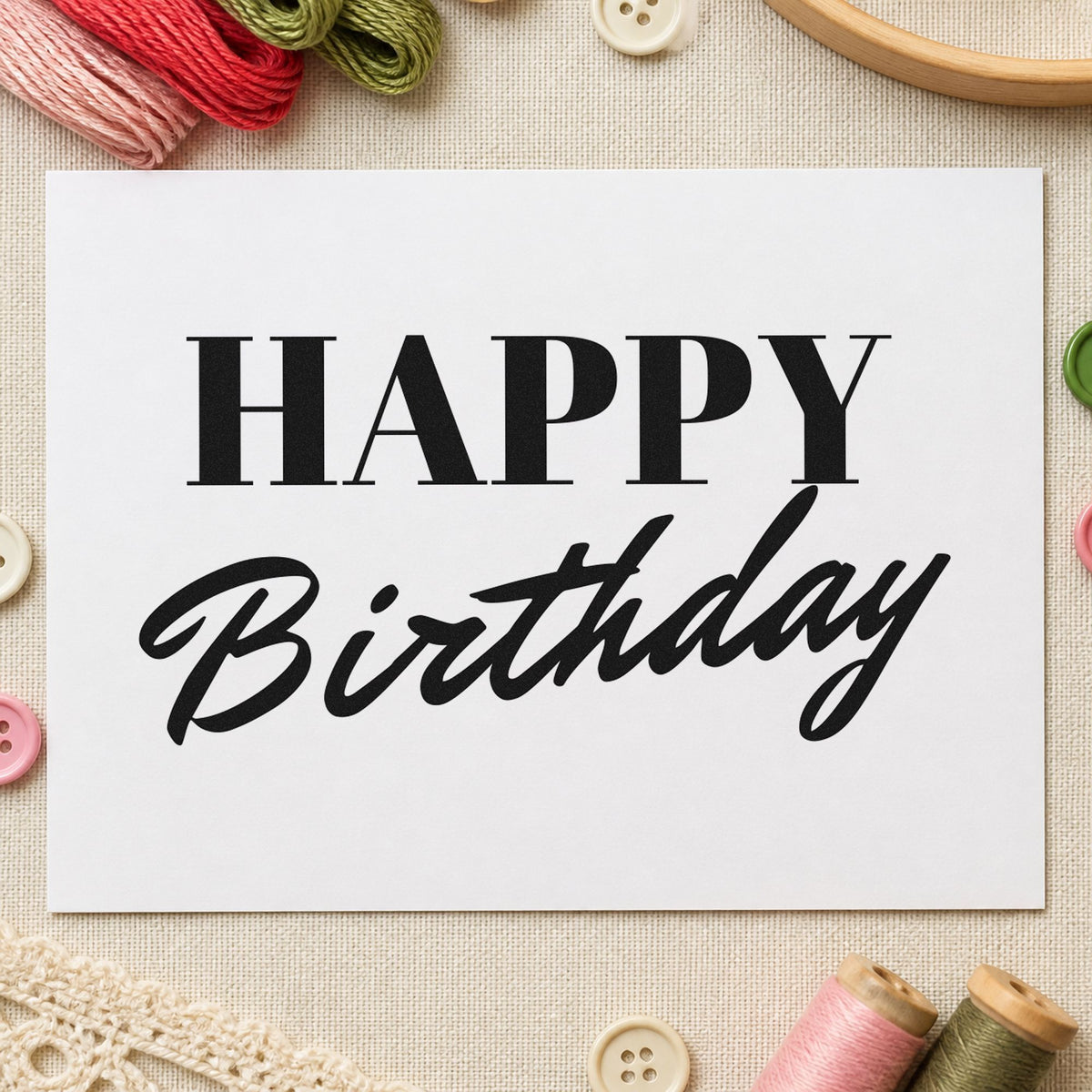 Happy Birthday Serif Brush rubber stamp printed in black ink, ready for slot booking sheet and similar paper crafts.