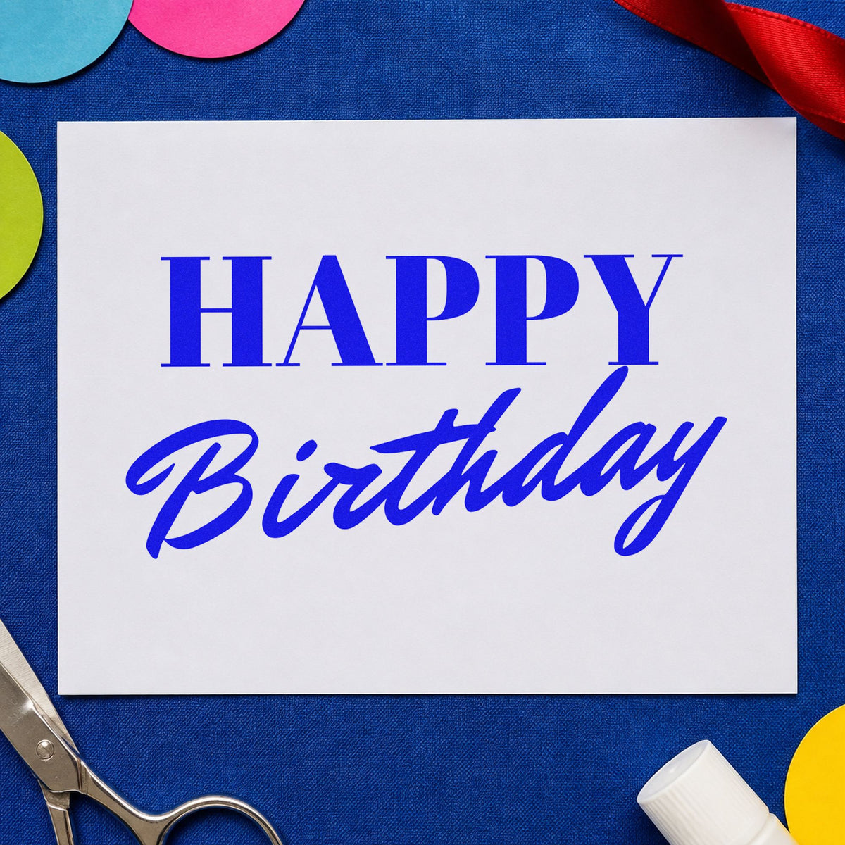 Happy Birthday Serif Brush craft stamp in blue ink on cardstock, an easy option for lane towel printing.