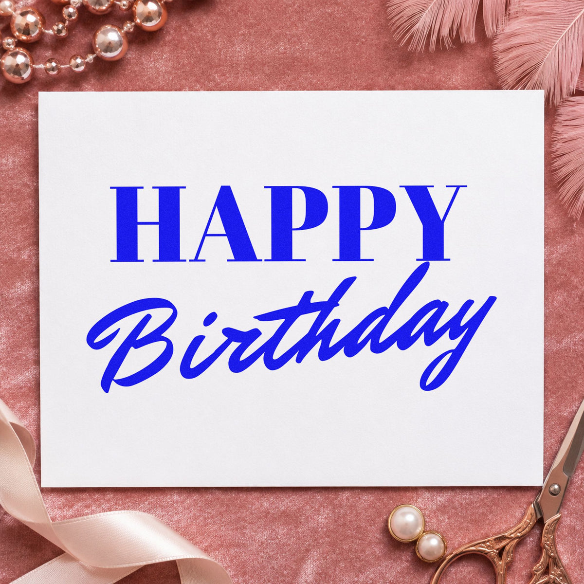 Happy Birthday Serif Brush craft stamp imprinted in blue ink on paper, a design suited to framed lane wall.