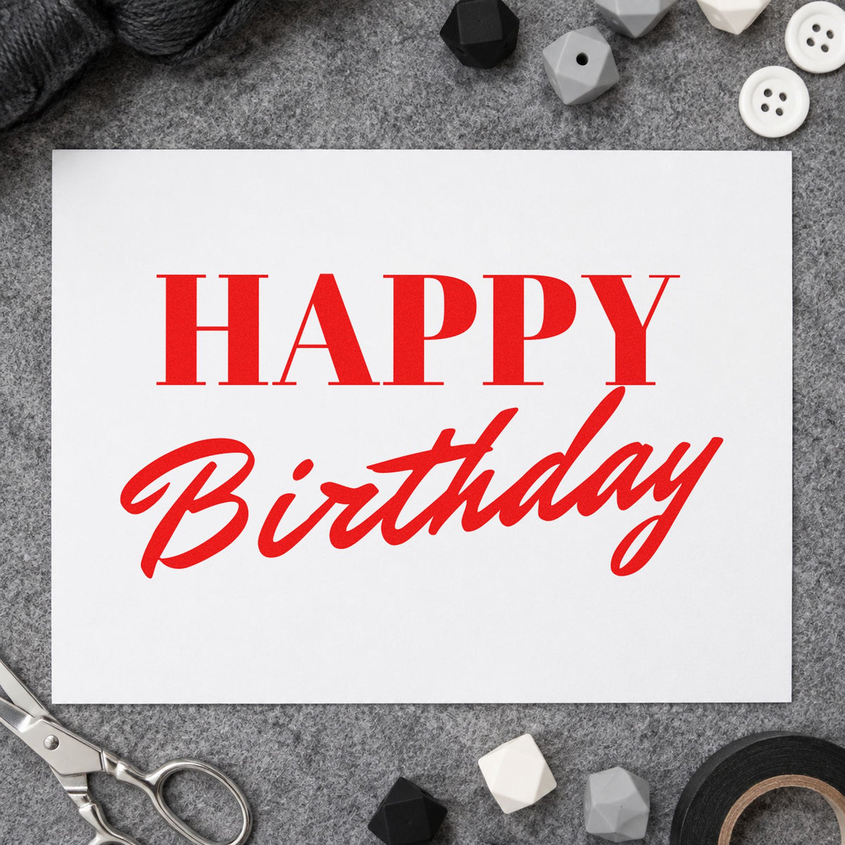 Happy Birthday Serif Brush rubber stamp shown in red ink, stamped for projects such as rack ball labels.