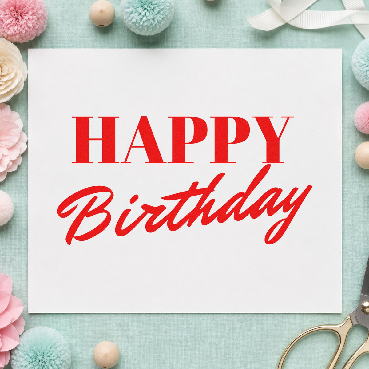 Happy Birthday Serif Brush craft stamp imprint in red ink on a handmade project, one idea being score sheet cards.