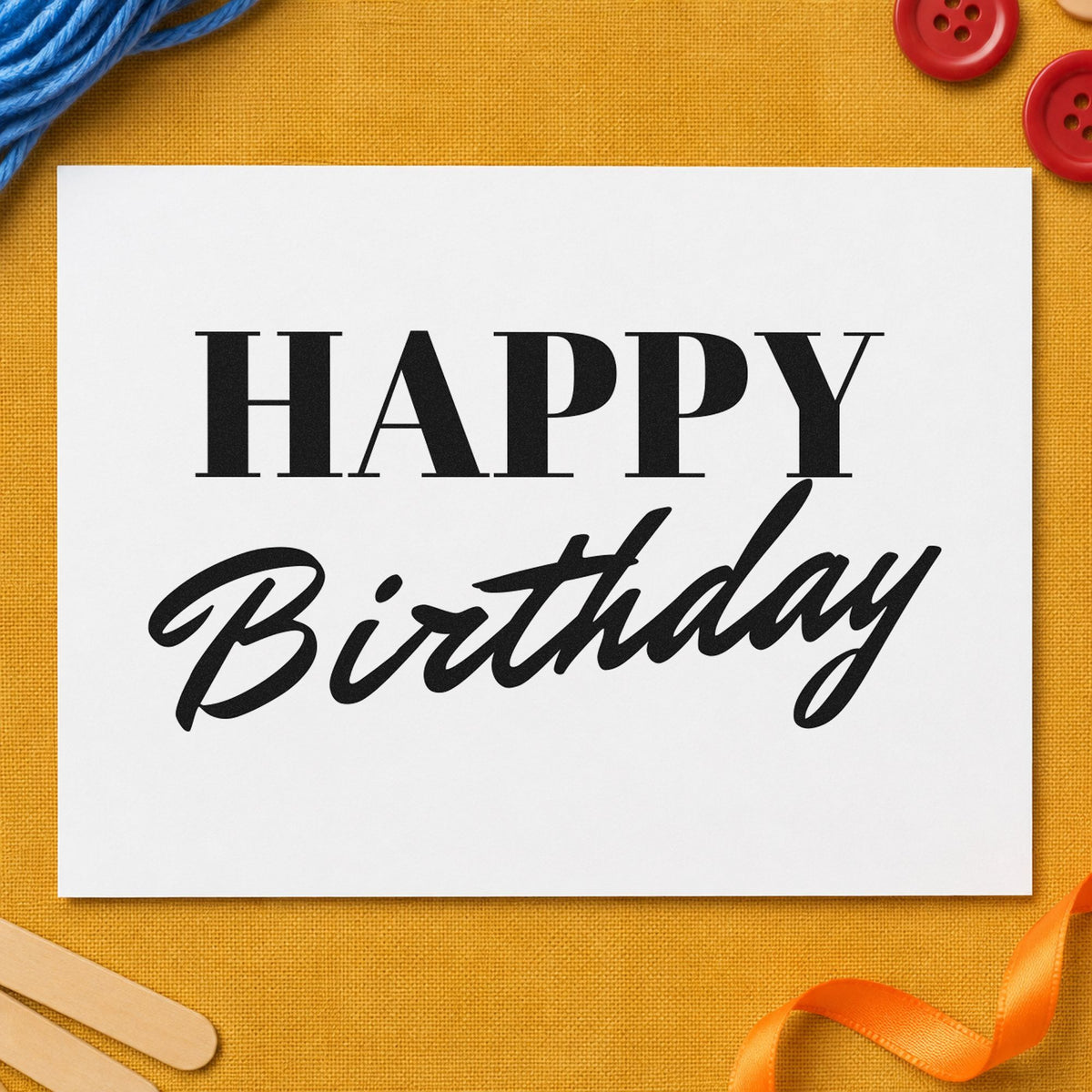 Happy Birthday Serif Brush rubber stamp printed in black ink, ready for slanted brush cards and similar paper crafts.
