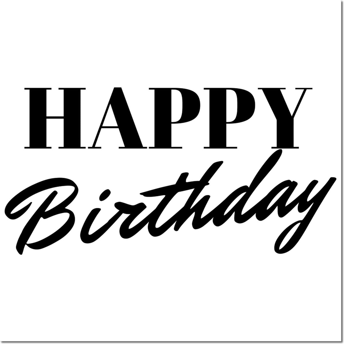 Black Happy Birthday stamp/seal design in bold black lettering on a white background