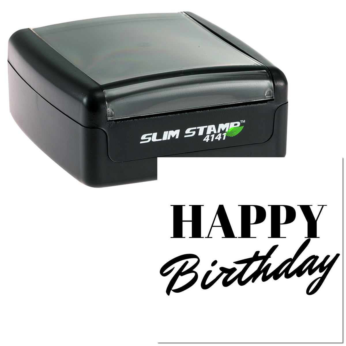 Black Slim Stamp 4141 self-inking stamp with Happy Birthday seal on white background