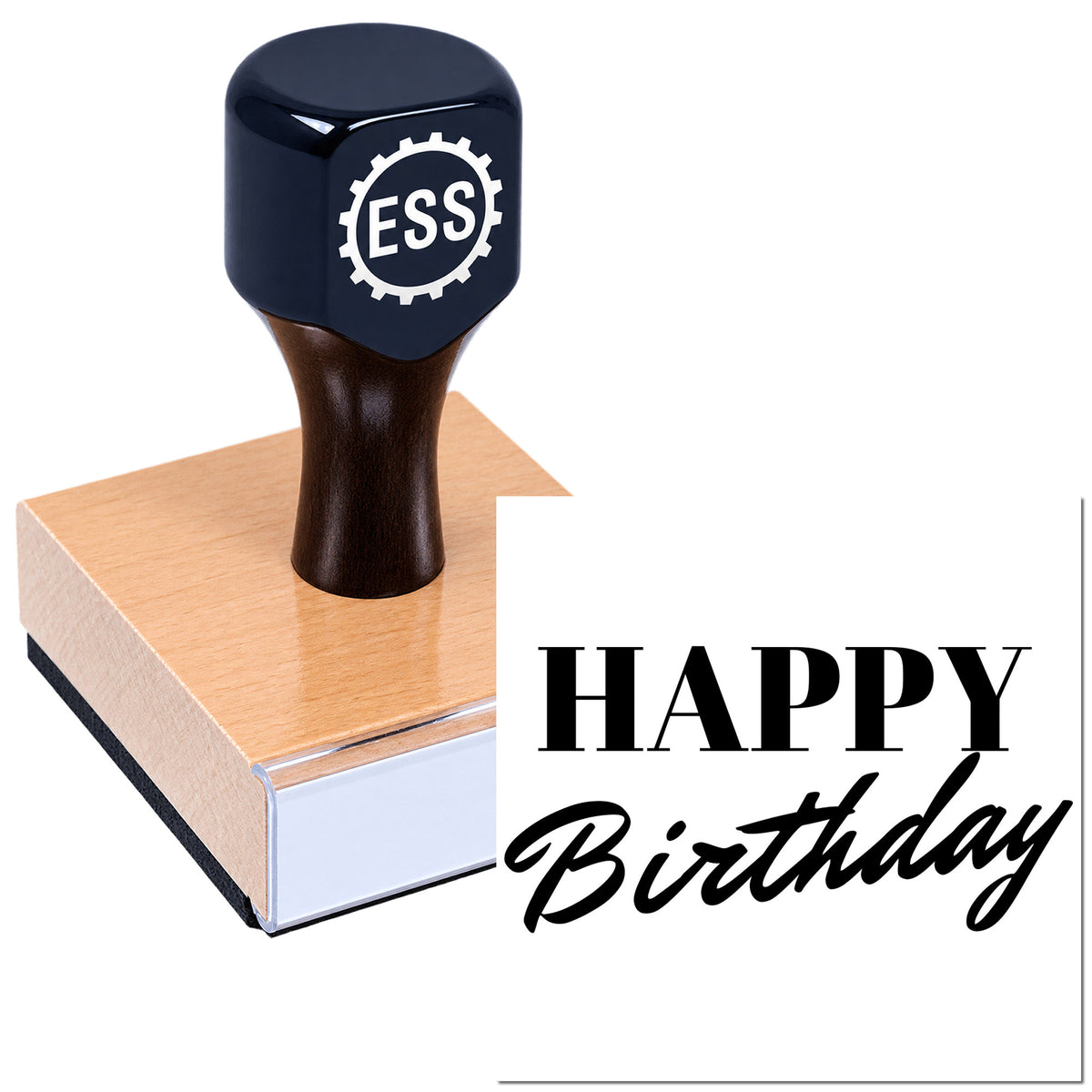 Black ESS rubber stamp on a copper-toned seal block with "Happy Birthday" text on a white background.