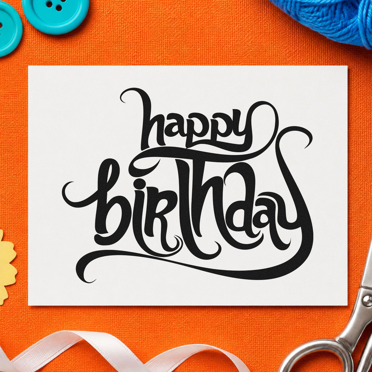 Ornate Happy Birthday Flourishes craft stamp in black ink on cardstock, an easy option for vintage party album page.