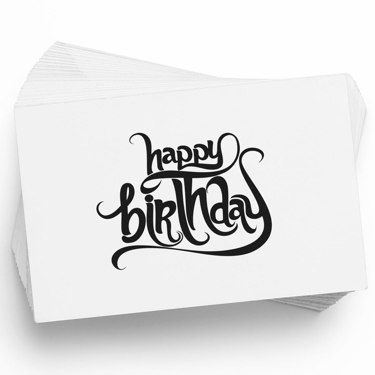 Stack of white stamp-and-seal cards with black happy birthday script design