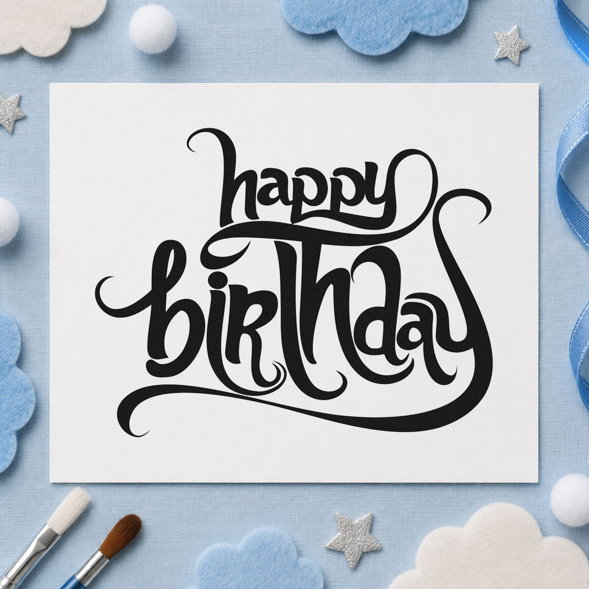 Ornate Happy Birthday Flourishes craft stamp imprint in black ink on a handmade project, one idea being vintage gift tags.