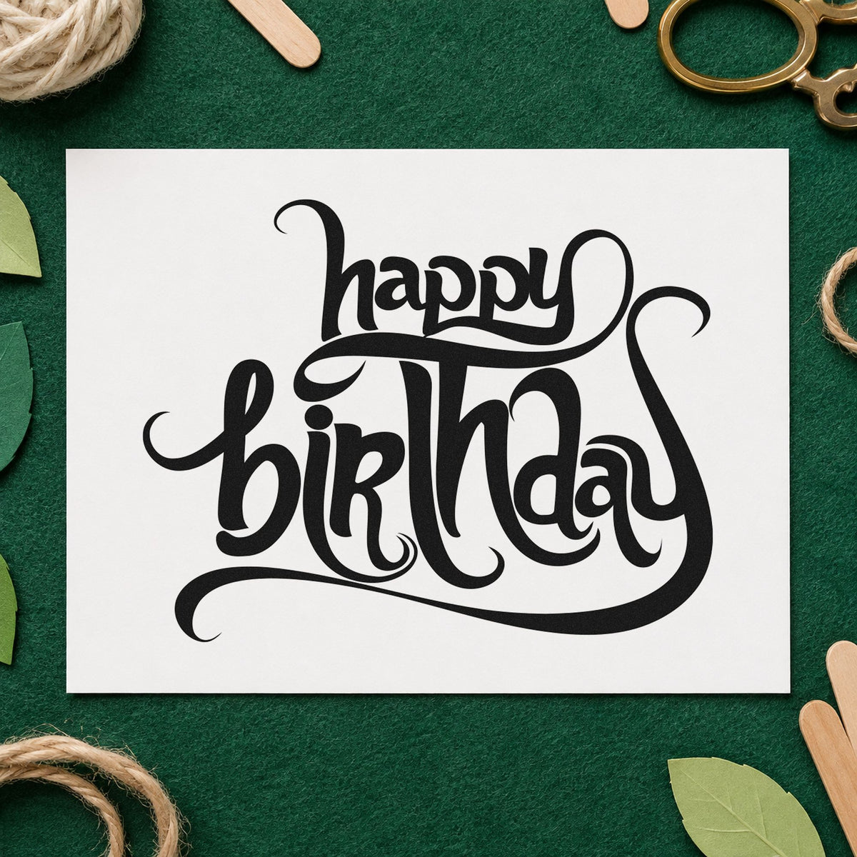 Ornate Happy Birthday Flourishes rubber stamp printed in black ink, ready for evening run sheet and similar paper crafts.