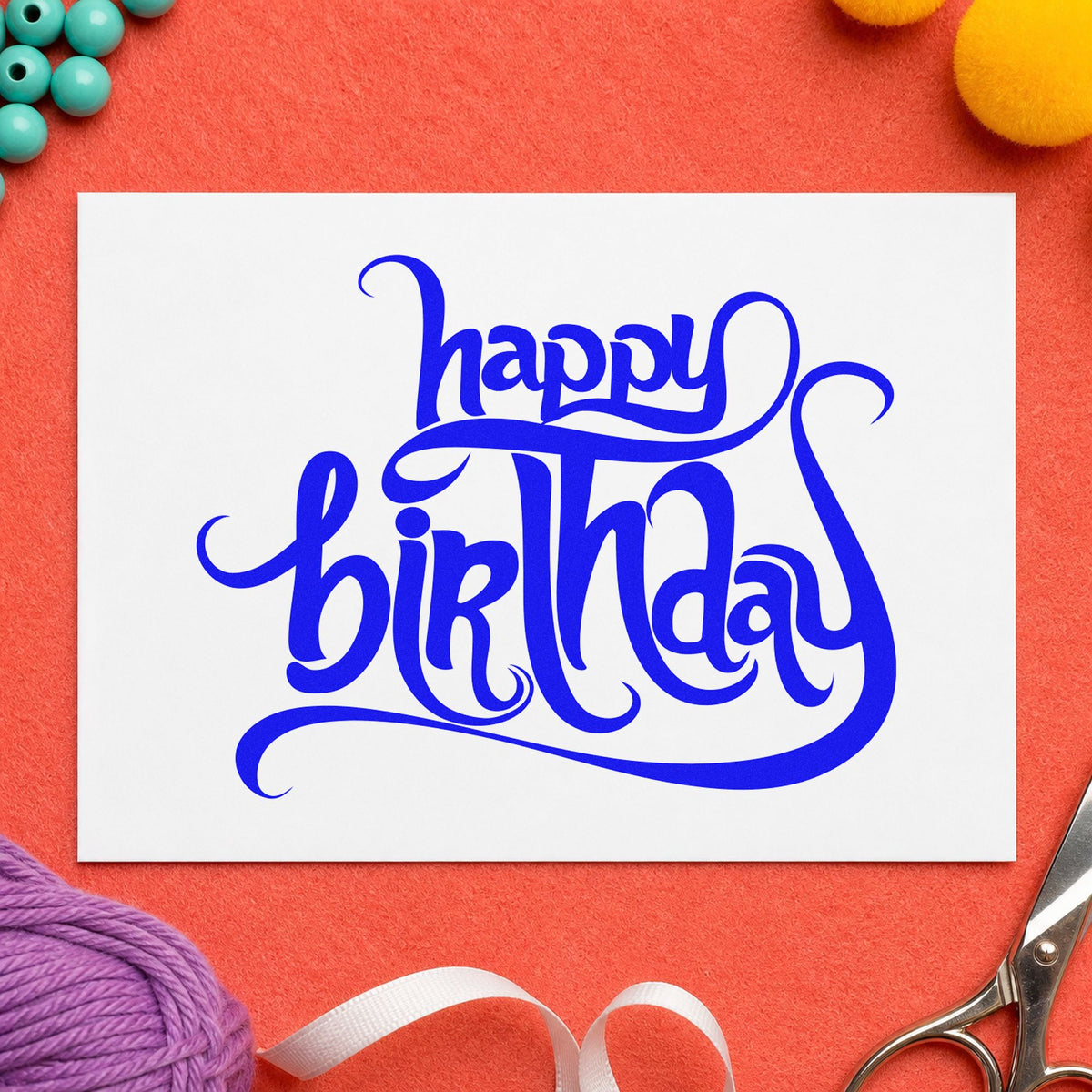 Ornate Happy Birthday Flourishes craft stamp imprinted in blue ink on paper, a design suited to framed entry hall.